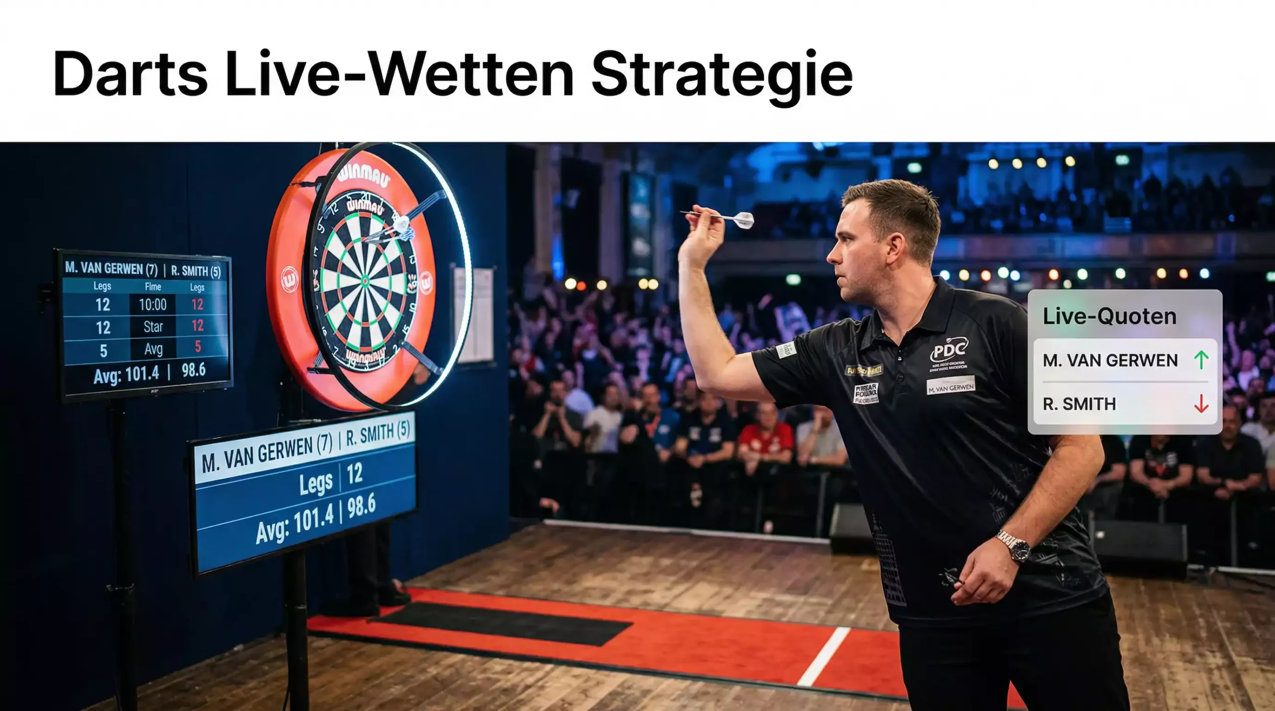 Live-Wetten beim Darts: Echtzeit-Quotenänderung während eines PDC-Matches mit Scoreboard im Hintergrund