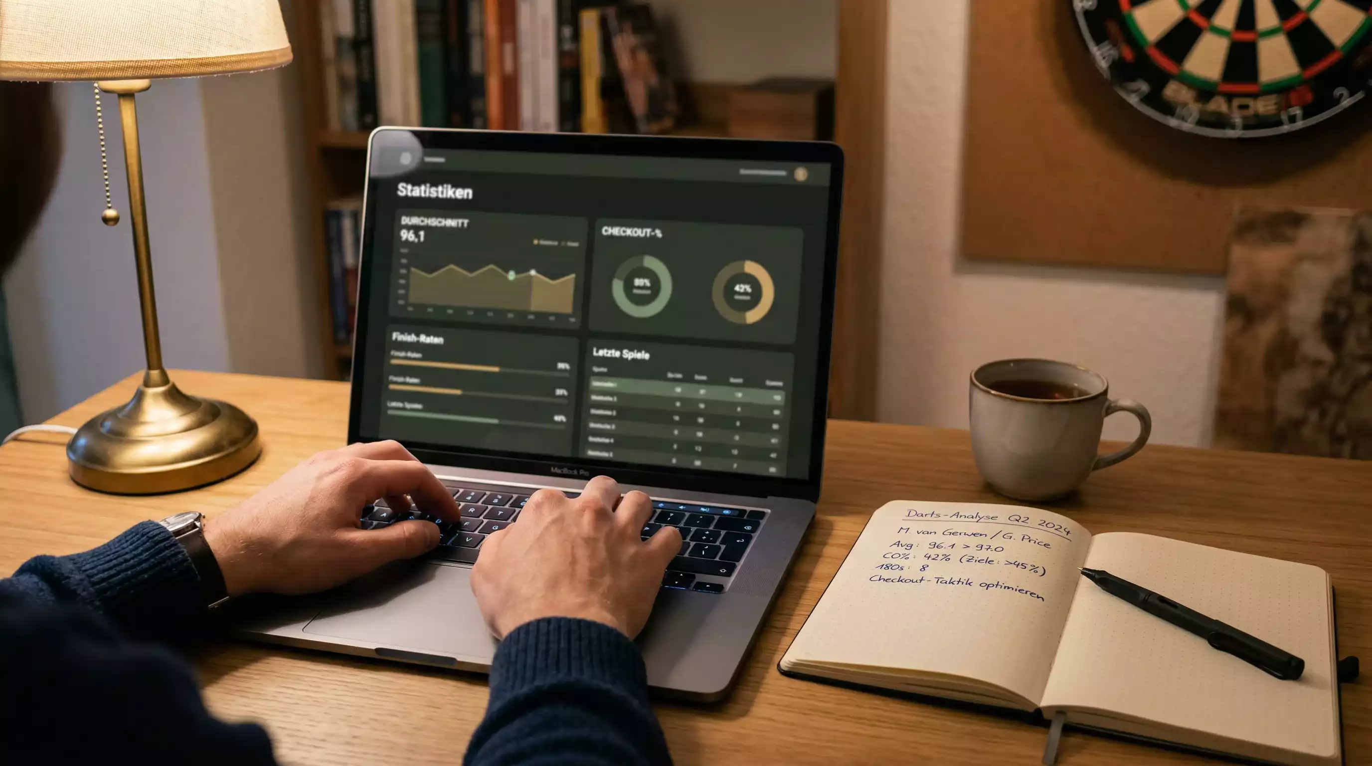 Darts-Statistik-Analyse: Spieler-Averages und Checkout-Prozentwerte auf einem Bildschirm
