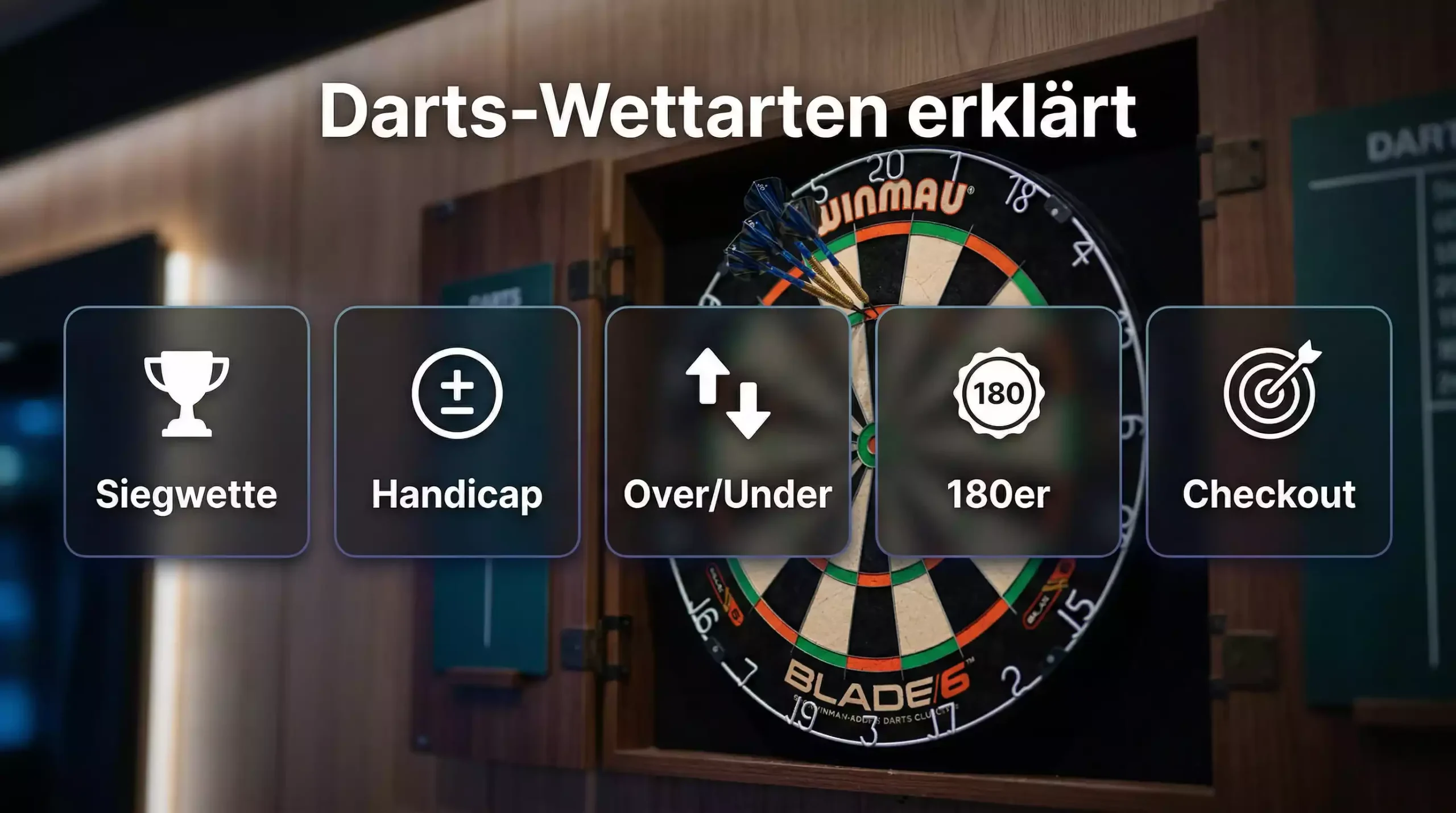 Übersicht der verschiedenen Darts-Wettarten: Siegwette, Handicap, Over/Under, 180er und Checkout auf einem Dartboard-Hintergrund