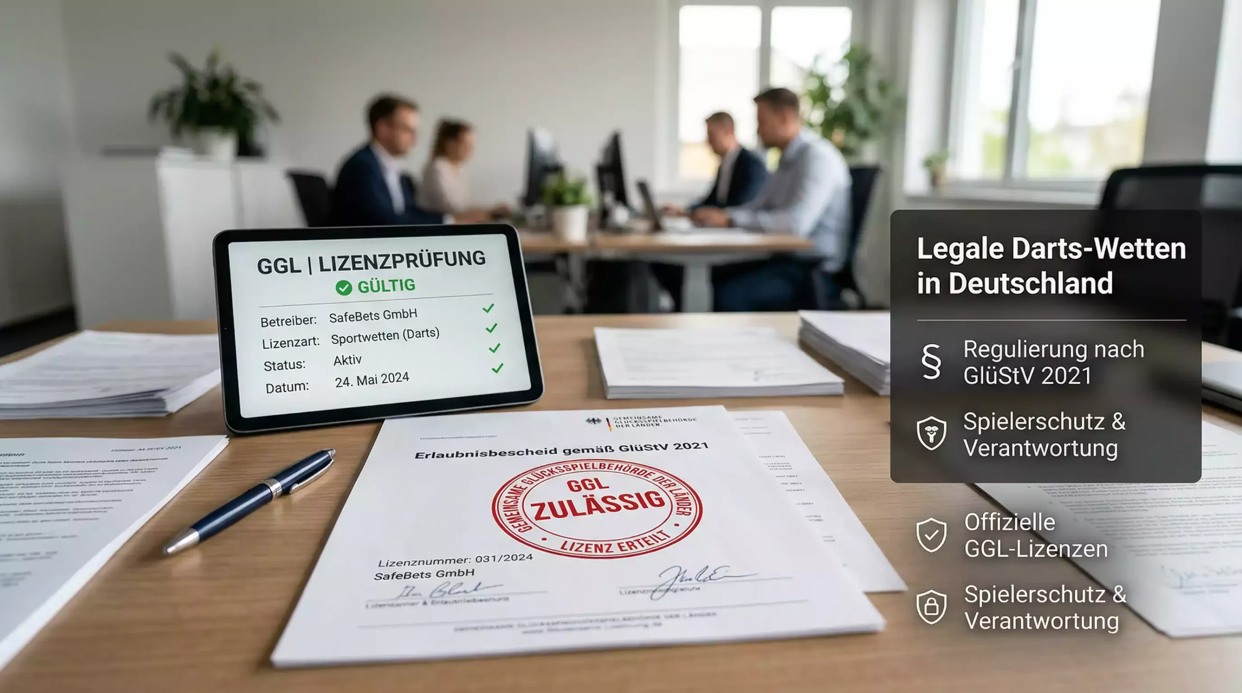 Legale Darts-Wetten in Deutschland: GGL-Logo, Paragraphenzeichen und Dartboard symbolisieren den Rechtsrahmen für Sportwetten