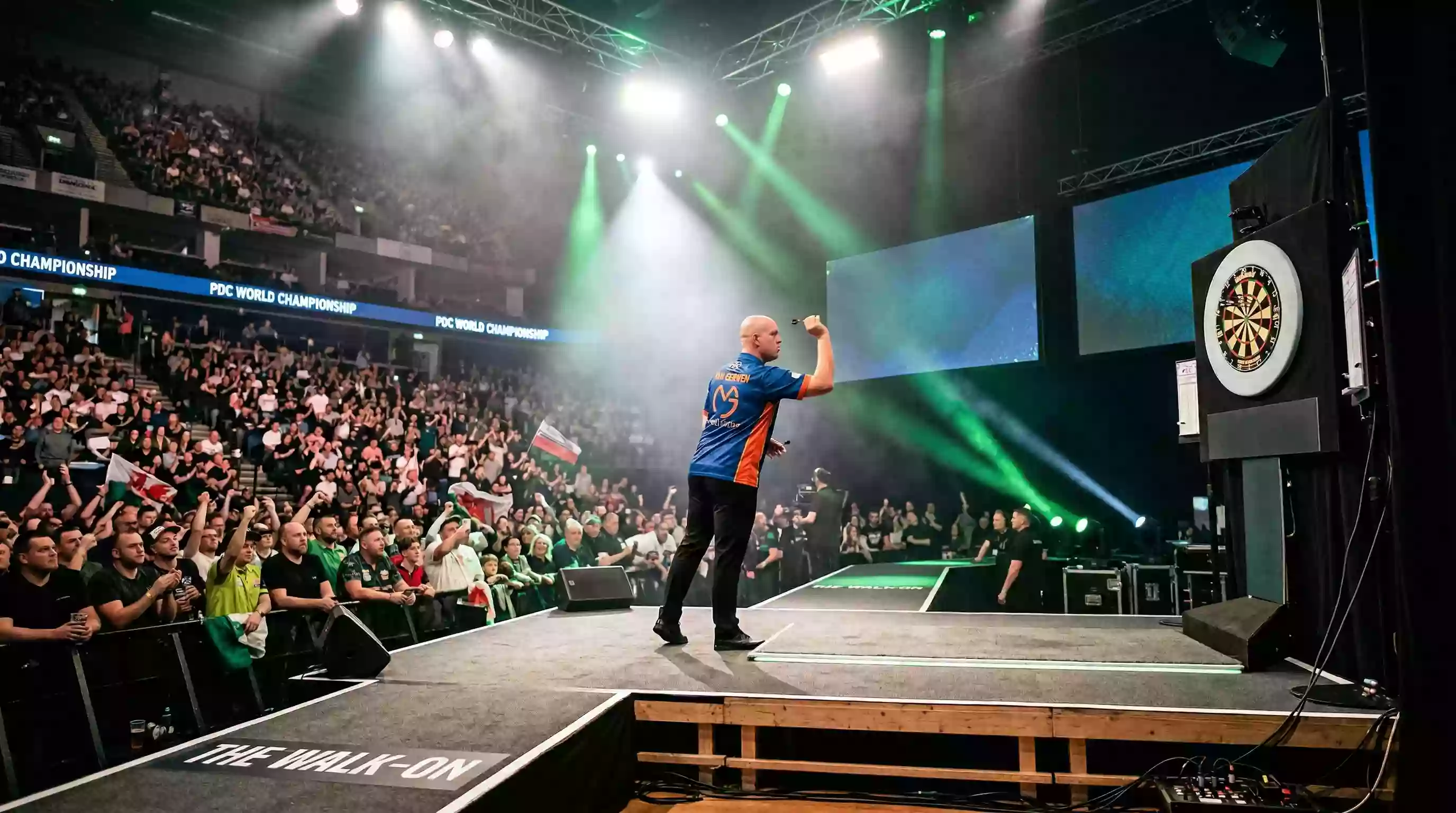 PDC World Darts Championship: Spieler auf der Bühne im Alexandra Palace vor tausenden Zuschauern